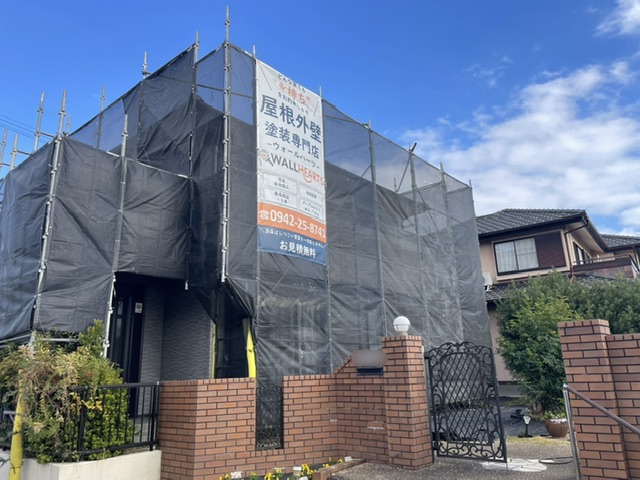 久留米市三潴町H様邸宅の飛散防止ネット貼り付け完了