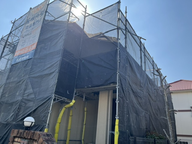 福岡県小郡市K様邸-外壁塗装-飛散防止ネットの貼り付け完了