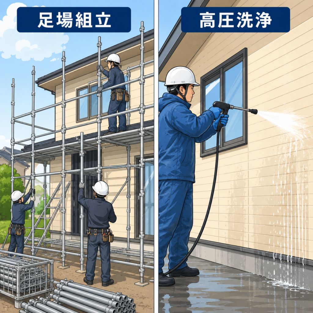 足場組立と高圧洗浄