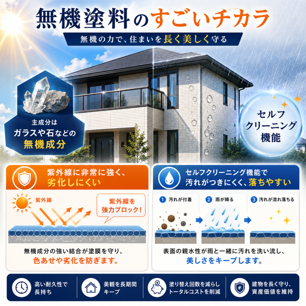 無機塗料の特徴【紫外線に強く、セルフクリーニング機能付き】
