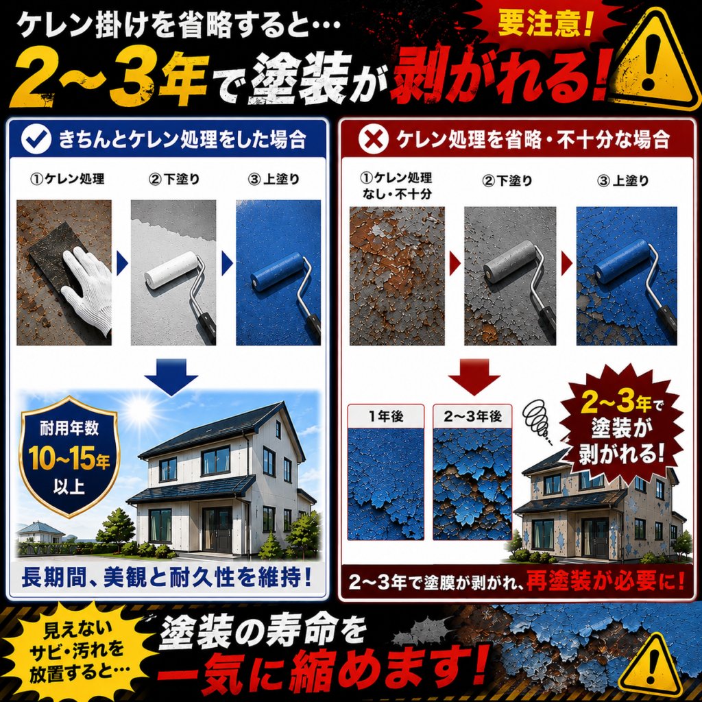 ケレン掛けを省略すると塗装（塗膜）が数年で剥がれる