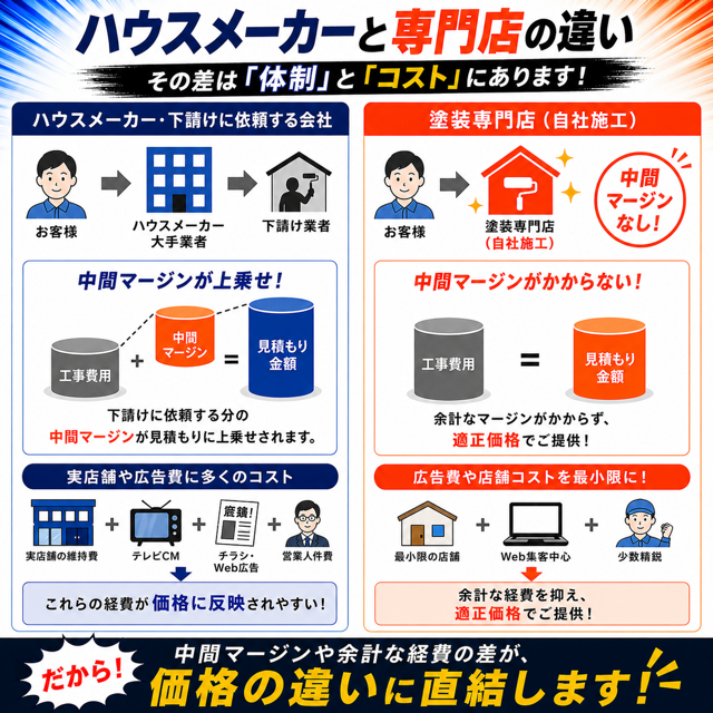 ハウスメーカーと塗装専門店のの違い【中間マージンの差】