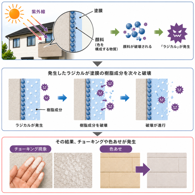 ラジカルが塗料の中に含まれる顔料を破壊し、色あせやチョーキングを起こす