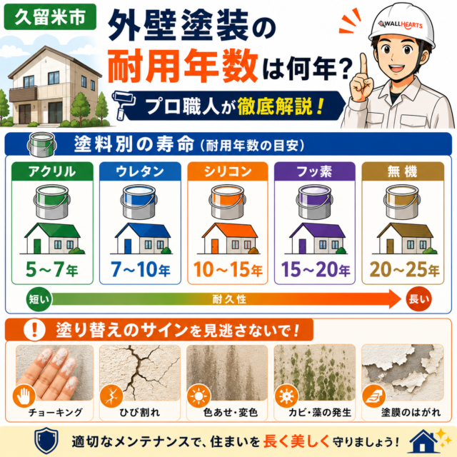 【久留米市】外壁塗装の耐用年数は何年？塗料別の寿命と塗り替えサインをプロが解説