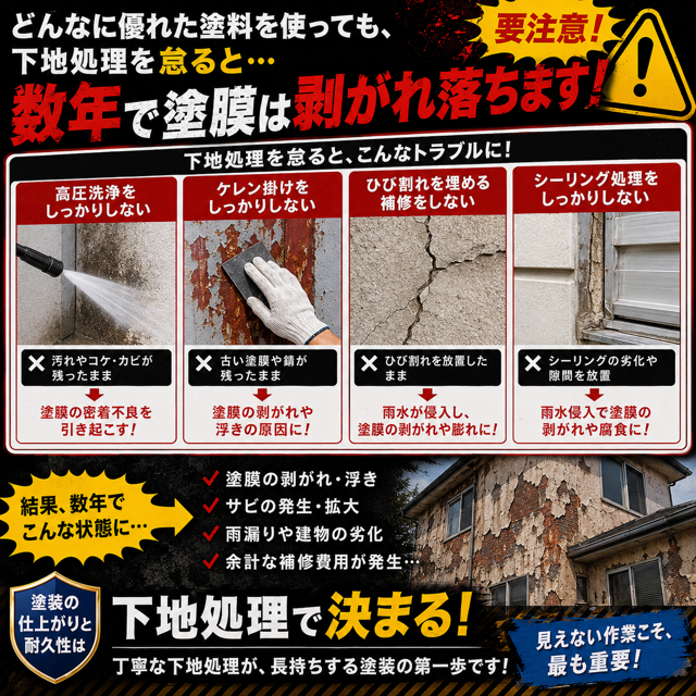 下地処理を行わなかったら、数年で塗膜が剥がれ落ちる