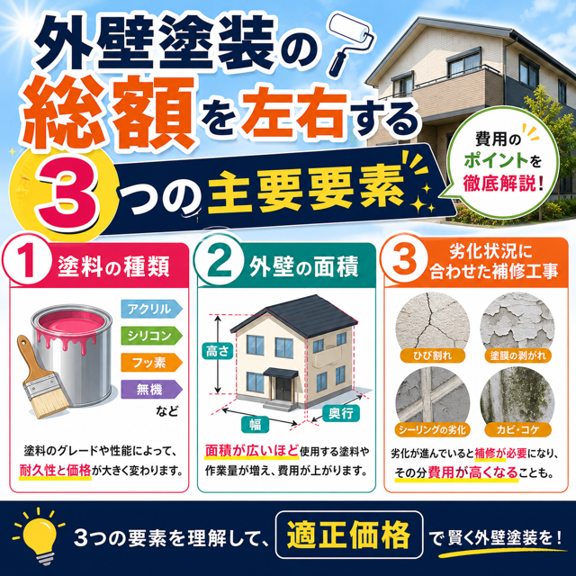 外壁塗装の総額を左右する3つの主要要素
