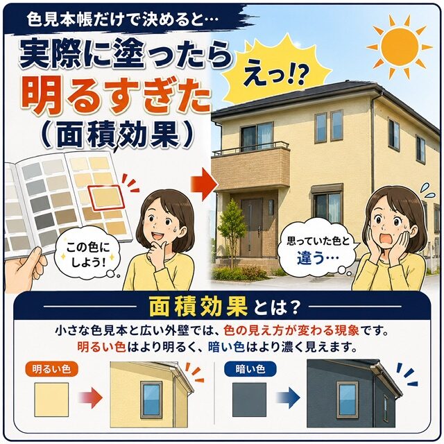 失敗:色見本帳(塗板サンプル)だけで決めてしまい、実際に塗ったらイメージより明るすぎた(面積効果)
