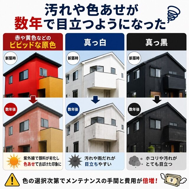 色選びの失敗:汚れ(苔・カビ・砂埃)や色褪せが数年で目立つようになった