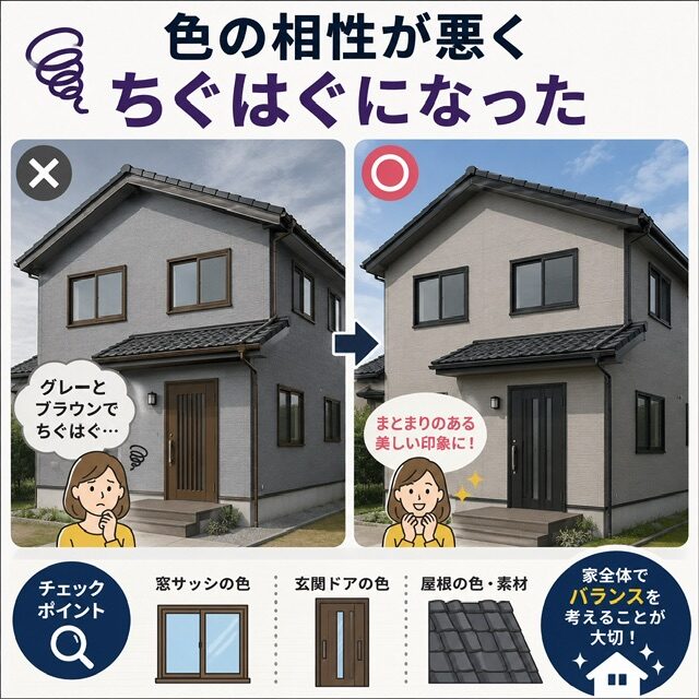 色選びの失敗:サッシ・ドアや屋根の色との相性が悪くちぐはぐになった