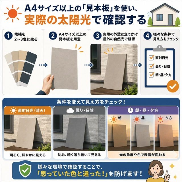 A4サイズ以上の「見本板」を使い、実際の太陽光(屋外)の下で確認する