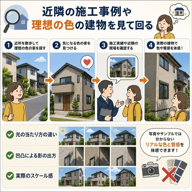 近隣の施工事例や理想に近い色の建物を実際に見て回る