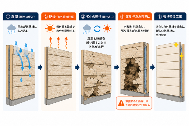 外壁材の腐食・破損の流れ