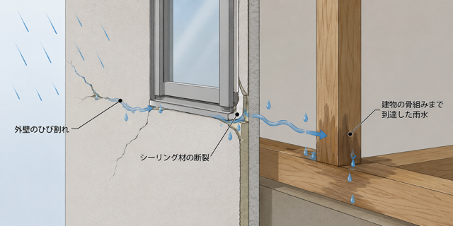 外壁やシーリングのひび割れが原因で雨漏りが発生するイメージ