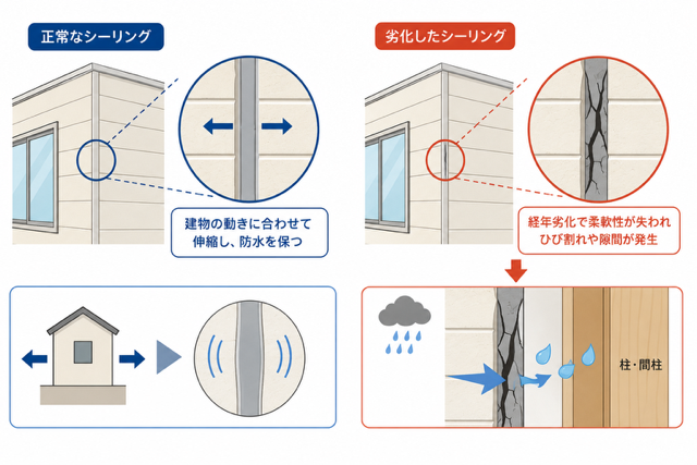 シーリングの劣化（ひび割れ箇所から雨水が浸水する様子）