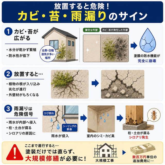 カビ・コケ・雨漏りが外壁(塗膜)に与える影響