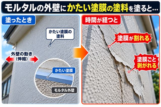 モルタルの外壁にかたい塗料を塗ると塗膜の割れや剥がれにつながる
