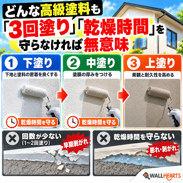 どんな高級塗料も3回塗りと乾燥時間を守らなければ無意味