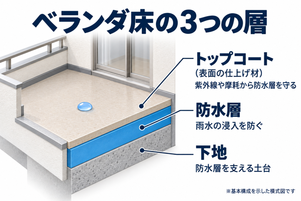 ベランダ防水の構造【ベランダ床の断面図】